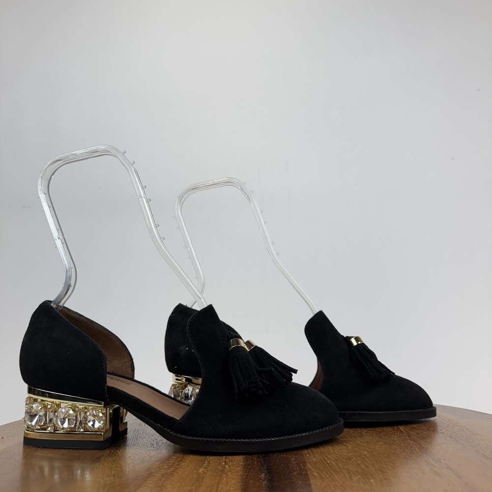 New Womens Jeffrey Campbell Civil Jewelled Heel Black Tassel Loafers Size 6.5 M